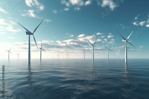Wind farm turbines caught in sunlight sky. Beautiful contrast with the blue sea. ecological concept, 3d illustration. Generative AI