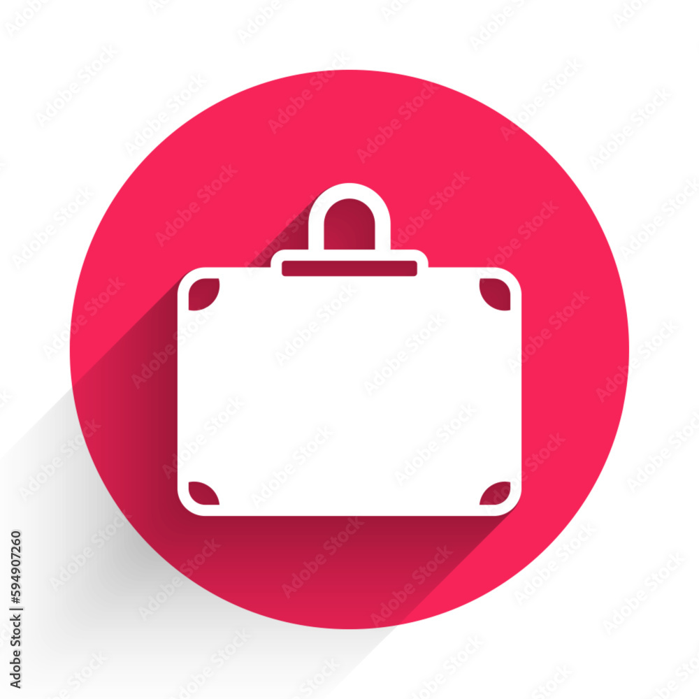 White Suitcase for travel icon isolated with long shadow background. Traveling baggage sign. Travel luggage icon. Red circle button. Vector White Suitcase for travel icon isolated with long shadow background. Traveling baggage sign. Travel luggage icon. Red circle button. Vector