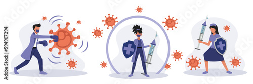 Set of cartoon characters of doctors preparing to make vaccine