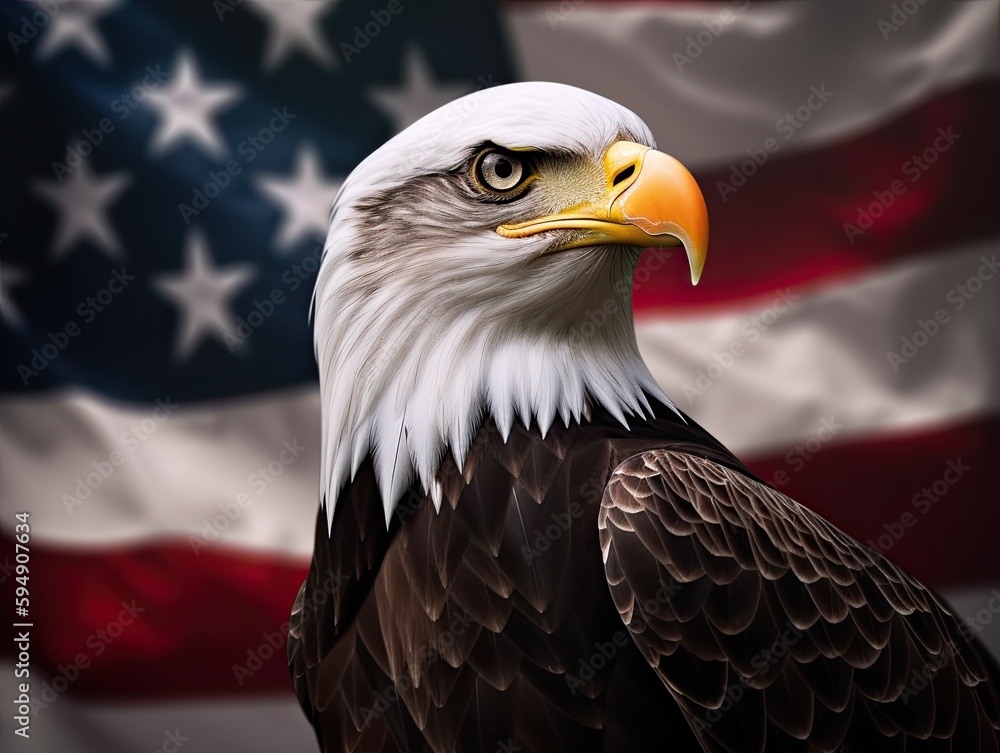 Obraz premium Bald Eagle with USA Flag in the background. Generative AI