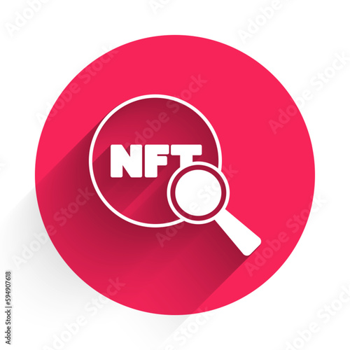 White Search NFT icon isolated with long shadow background. Non fungible token. Digital crypto art concept. Red circle button. Vector