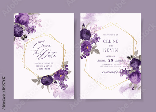 Watercolor wedding invitation template set with romantic purple floral and leaves decoration