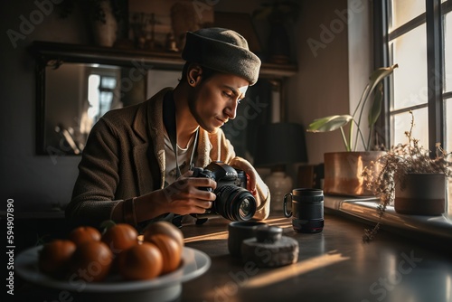 A Man Taking A Picture Of A Plate Of Food With A Camera Workshop Fine Art Photography Interior Photography Generative AI photo