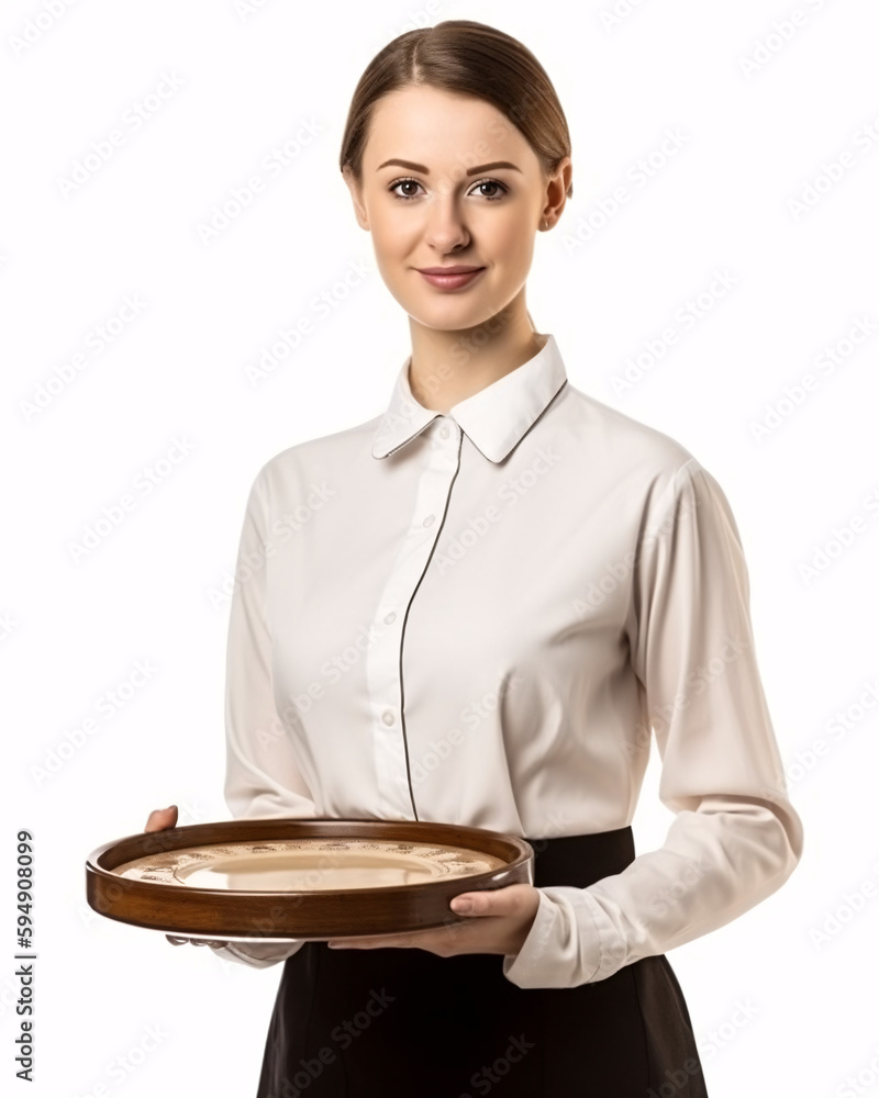 Female Waitress Holding Tray in Uniform on White Background Female Waitress Holding Tray in Uniform on White Background
