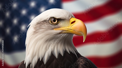 Bald Eagle with USA Flag in the background. Generative AI
