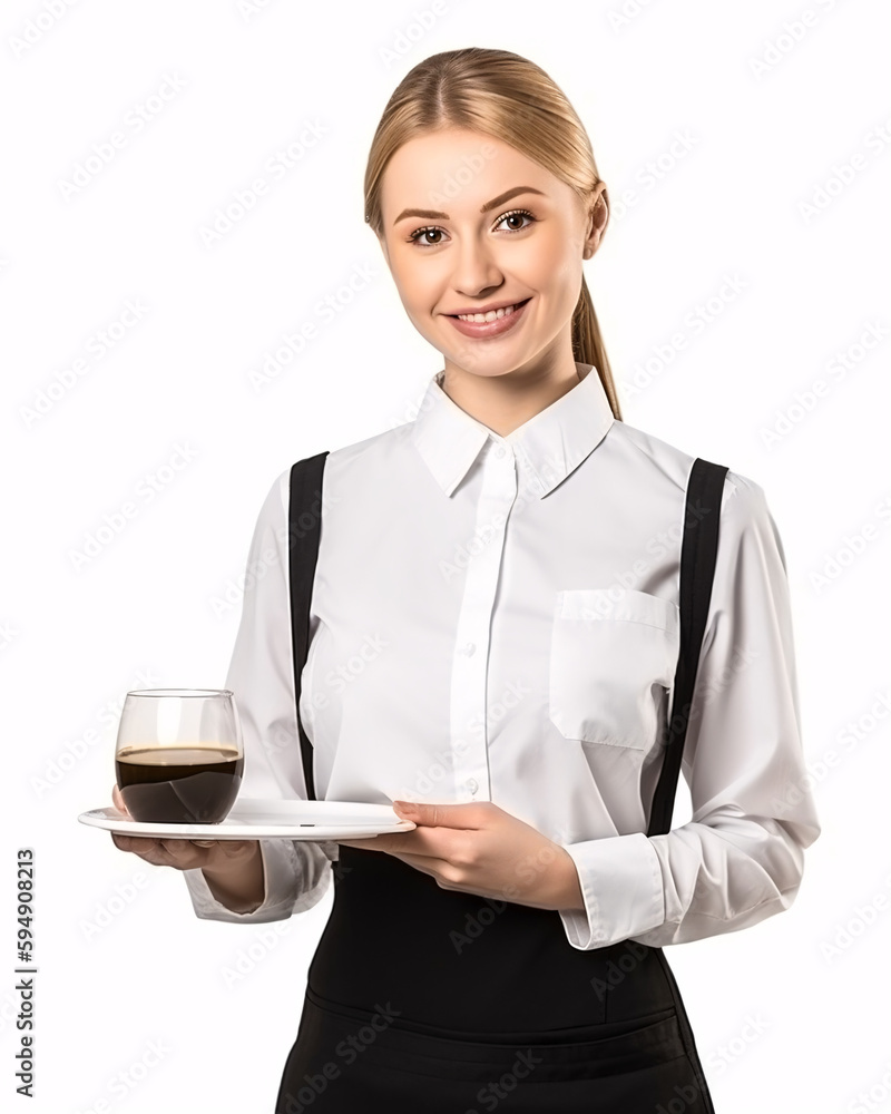 Female Waitress Holding Tray in Uniform on White Background Female Waitress Holding Tray in Uniform on White Background