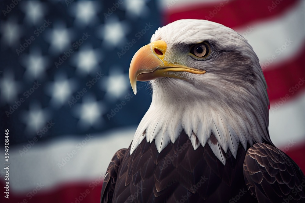 Naklejka premium Bald Eagle with USA Flag in the background. Generative AI