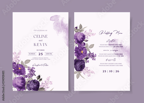 Watercolor wedding invitation template set with romantic purple violet floral and leaves decoration