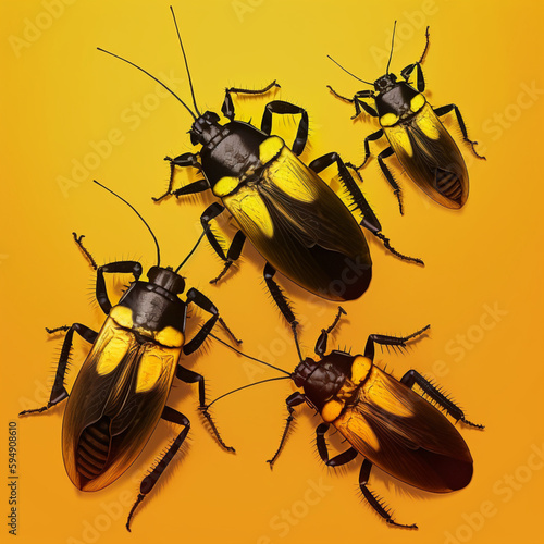 Cockroaches on a yellow background. Generative AI. photo