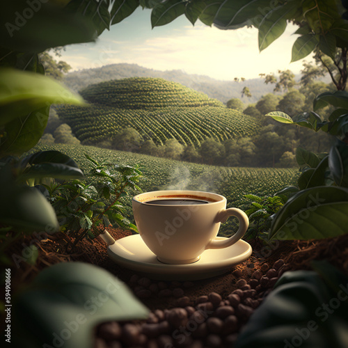 Cup of coffee in a coffee plantation. Generative AI.