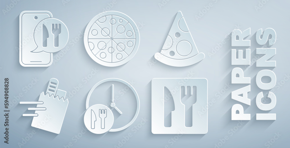 Set Round the clock delivery, Slice of pizza, Online ordering and, Cafe restaurant location, Pizza and icon. Vector Set Round the clock delivery, Slice of pizza, Online ordering and, Cafe restaurant location, Pizza and icon. Vector