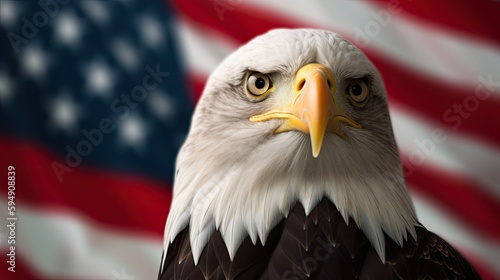 Bald Eagle with USA Flag in the background. Generative AI