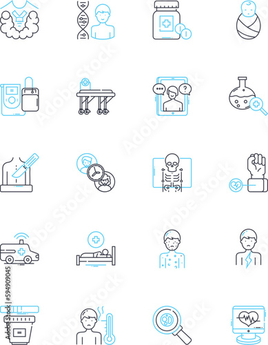 Clinic linear icons set. Apothecary, Wellness, Medicine, Diagnosis, Treatment, Healthcare, Services line vector and concept signs. Physician,Nursing,Counseling outline illustrations