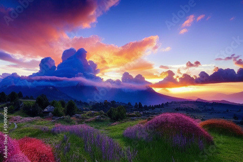 Sunset in the mountains with purple flowers and beautiful clouds in the sky. AI generated