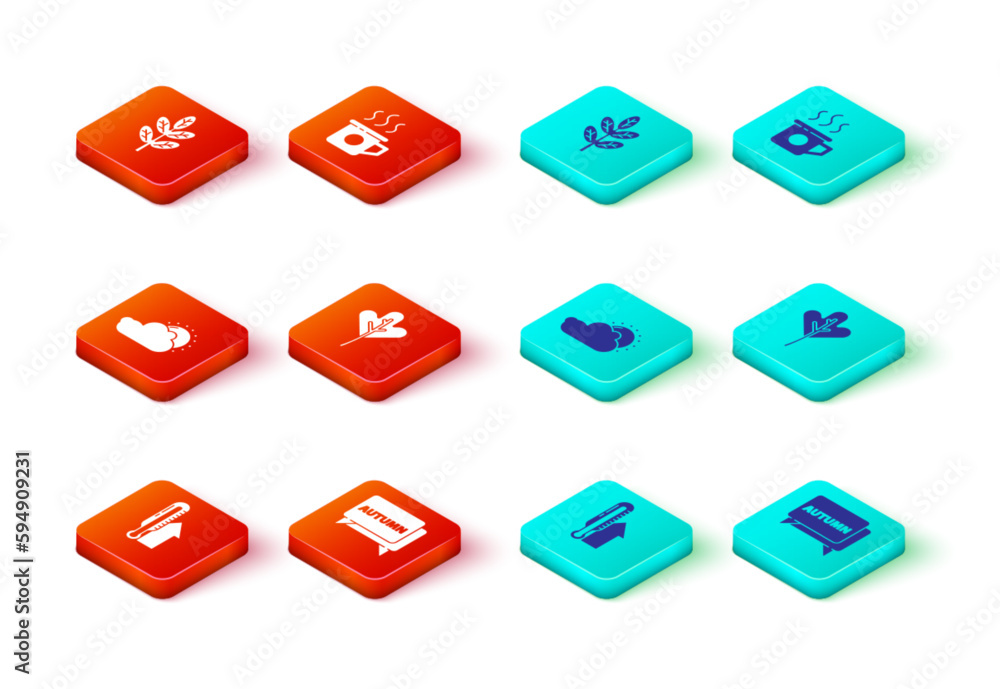Set Meteorology thermometer, Speech bubble with text autumn, Sun and cloud weather, Leaf leaves, Cup of tea and icon. Vector Set Meteorology thermometer, Speech bubble with text autumn, Sun and cloud weather, Leaf leaves, Cup of tea and icon. Vector