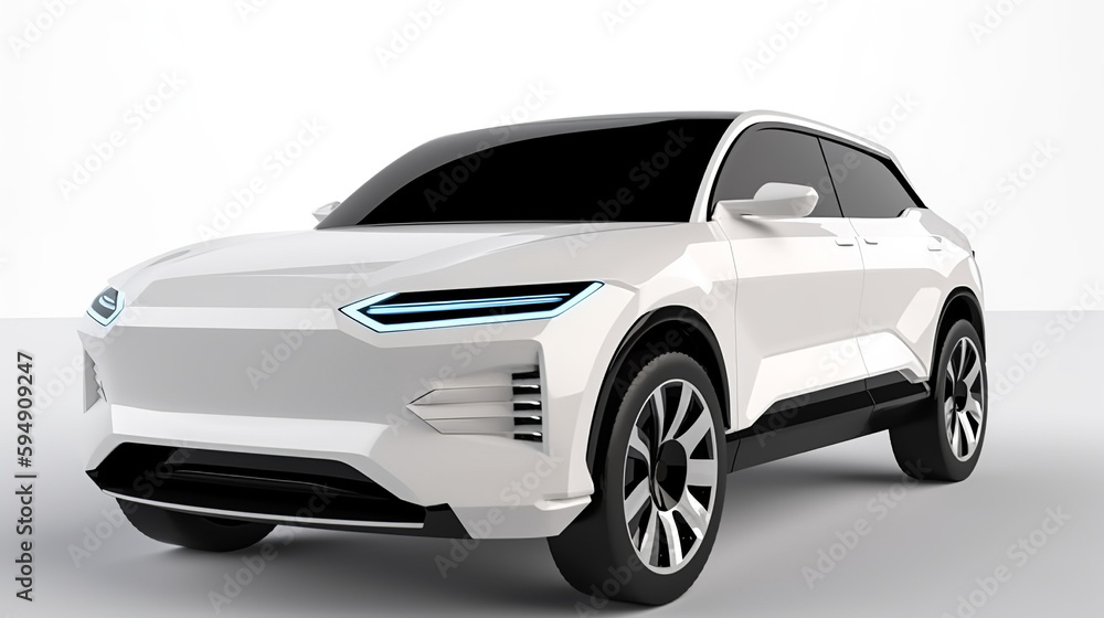 Isolated Front View Of White Electric SUV Concept Car On Isolated White Background. Generative Ai