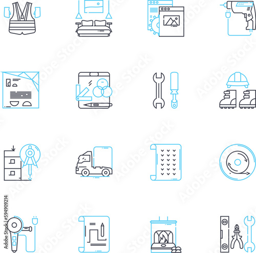 Structural elements linear icons set. Beams, Columns, Trusses, Frames, Slabs, Walls, Footings line vector and concept signs. Reinforcement,Joints,Connections outline illustrations