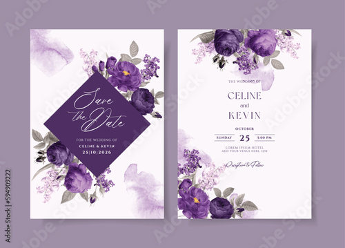 Watercolor wedding invitation template set with romantic purple violet floral and leaves decoration