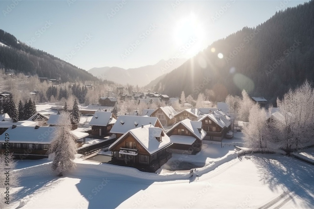 Drone flies directly above snow covered winter ski resort village buildings, chalet countryside on sunny morning. Generative AI