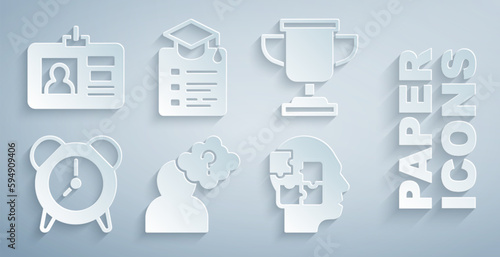 Set Head with question mark, Award cup, Alarm clock, puzzles strategy, Online education and Identification badge icon. Vector