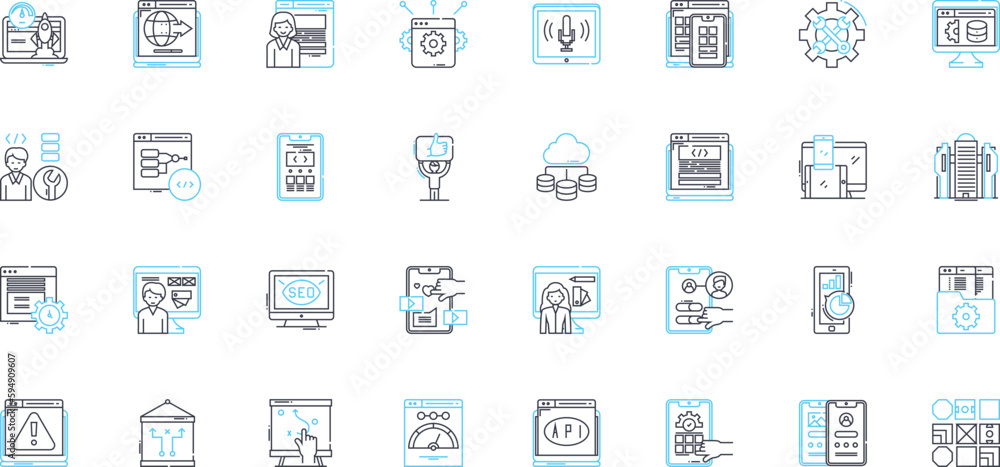 Customer profiling linear icons set. Demographics, Segmentation, Behavior, Interest, Needs, Insight, Persona line vector and concept signs. Analytics,Targeting,Tailoring outline illustrations