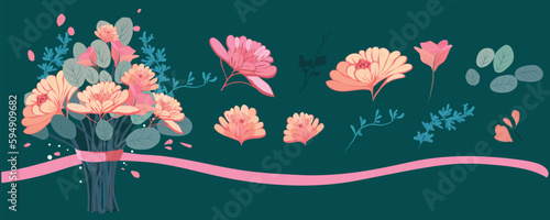 Floral hand draw constructor. Floral elements for your design. Frames, dividers. Vector illustration. Vector illustration