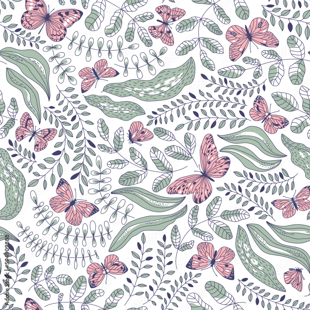 Fototapeta premium Seamless pattern of beautiful butterflies and plants on a white background. Delicate pattern for summer and spring women's fabrics. Flat vector illustration.