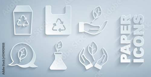 Set Plant breeding, Leaf hand, Eco symbol, Shopping bag with recycle and Recycle bin icon. Vector