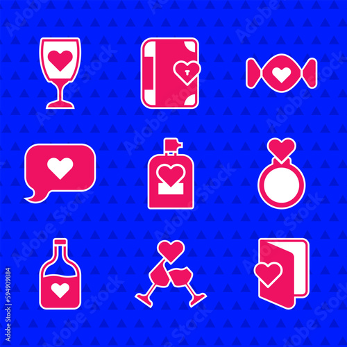 Set Perfume, Glass of champagne, Valentines day flyer, Wedding rings, Bottle with love potion, Heart speech bubble, Candy and icon. Vector