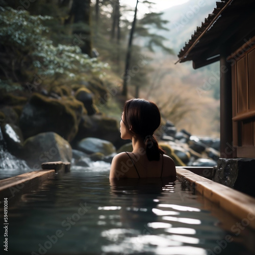 Woman relaxing and bathing in a traditional Japanese onsen, embracing serenity and rejuvenation, shallow depth of field, Illustrative Generative AI. not a real person.