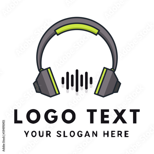 Headphones with music wave, audio max entertainment logo design template vector