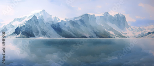 A frozen block of an iceberg that breaks off the shelf drifts in the ocean, watercolor illustration. Generative AI.