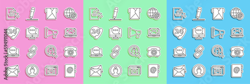 Set line Address book, Telephone, Laptop with envelope, Envelope, Chat messages notification monitor, 24 hours support, Document and cursor and Megaphone icon. Vector