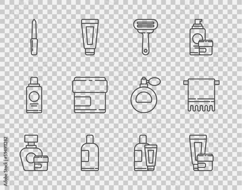 Set line Cream or lotion cosmetic tube, Shaving razor, Bottle of shampoo, Nail file, and Towel hanger icon. Vector