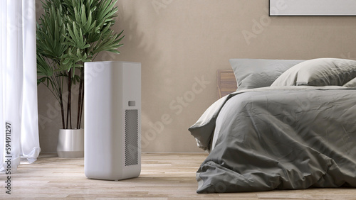 White modern design air purifier, dehumidifier in beige brown wall bedroom, gray cover sheet bed, tropical palm tree in sunlight on wood parquet floor for healthcare, health technology background 3D. photo