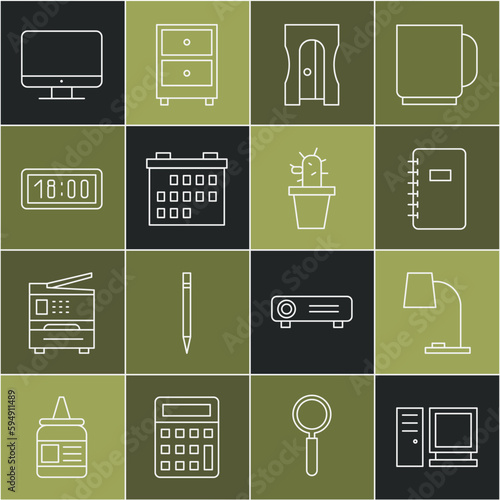 Set line Computer monitor, Table lamp, Spiral notebook, Pencil sharpener, Calendar, Digital alarm clock, screen and Cactus and succulent in pot icon. Vector