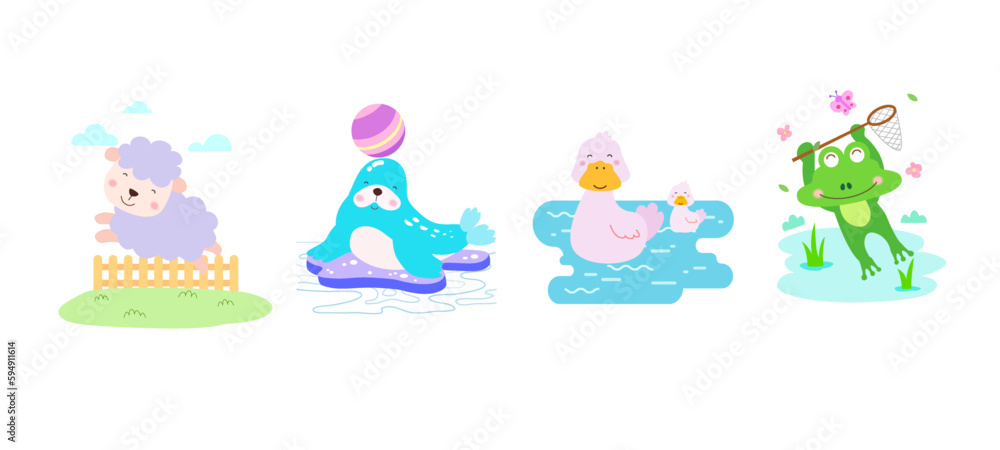 Set of cute animal character with sheep, seal, duck and frog, coloring page. Set of cute animal character with sheep, seal, duck and frog, coloring page.