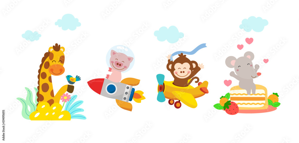 Fototapeta premium Set of cute animal character with giraffe, pig, mouse and monkey, coloring page.