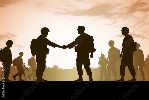 silhouettes of soldiers making peace by shaking hands. world peace. International Day of Peace. Generative Ai