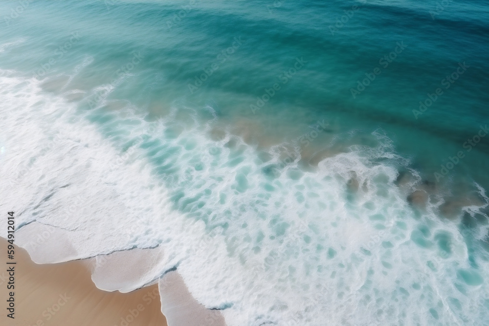 Aerial top view of a beach and ocean waves in a nature background. Generative AI