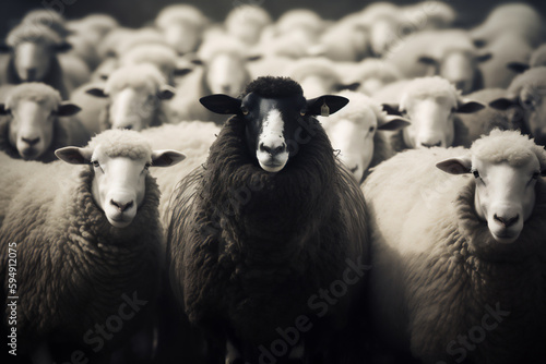 A black sheep in the herd surrounded of white sheeps with the concept of be outstanding or unique. Generative AI.