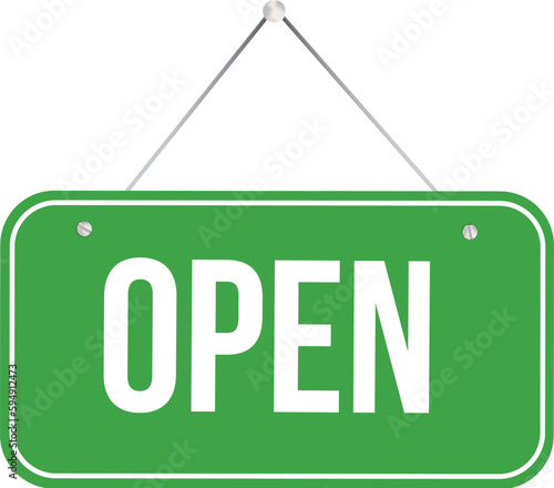 Open door sign or hanging board. Welcome notice phrase hanging door front signboard set.