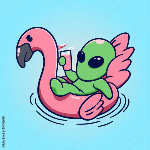 Funny Alien chill on flamingo swimming tire with a glass of cocktail. Vector illustration.