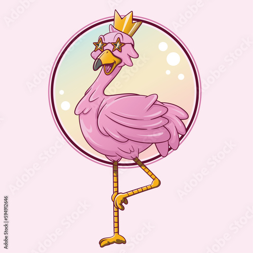 Cute pink flamingo with golden crown in round frame. Vector illustration.