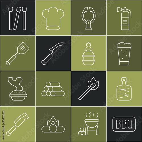 Set line Barbecue, Cutting board, Glass of beer, Meat tongs, Knife, Spatula, Matches and Camping gas stove icon. Vector