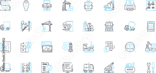 Industrial progress linear icons set. Automation, Innovation, Efficiency, Manufacturing, Technology, Development, Modernization line vector and concept signs. Advancement,Production,Expansion outline