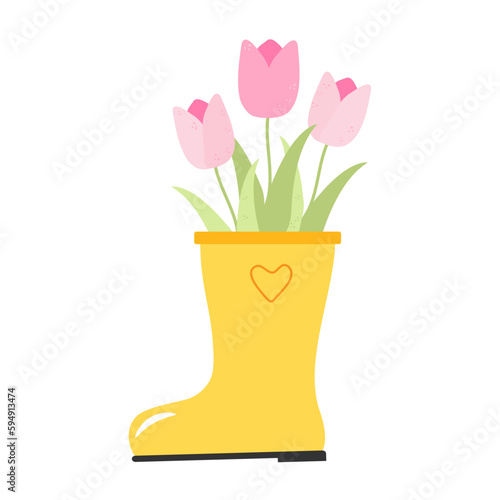 Spring flowers in a rubber boot. Bouquet of tulips. Hand drawn flat illustration. Springtime, summertime concepts. 