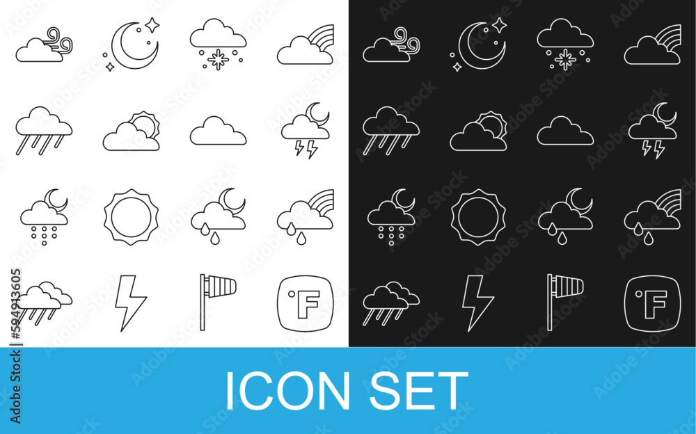 Set line Fahrenheit, Rainbow with cloud and rain, Storm, Cloud snow, Sun weather, Windy and icon. Vector