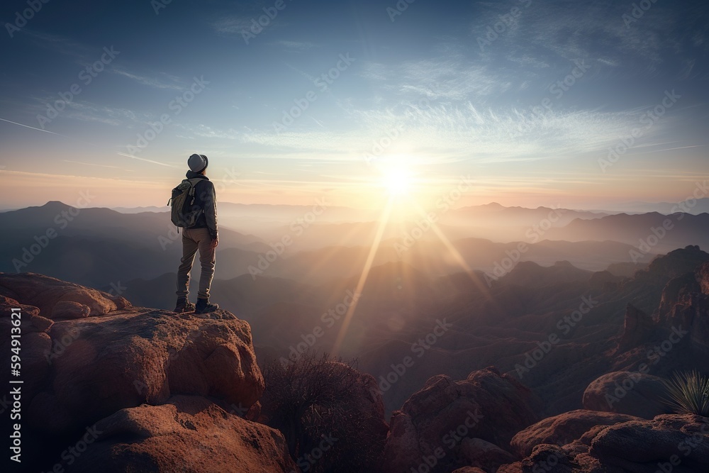 A Man Standing On Top Of A Mountain With The Sun Setting Mountain Range At Sunrise Time-lapse Photography Adventure Travel Generative AI