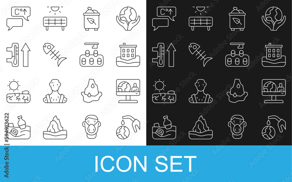 Set line Gas pump nozzle and globe, Weather forecast, House flood, Recycle bin with recycle, Dead fish, Global warming, and Deforestation icon. Vector Set line Gas pump nozzle and globe, Weather forecast, House flood, Recycle bin with recycle, Dead fish, Global warming, and Deforestation icon. Vector